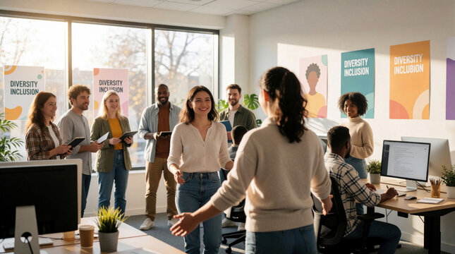 Diverse team welcomes new employee in bright modern office. Group of smiling colleagues greets newcomer during onboarding process. Large windows with natural light fill workspace. Inclusive culture
