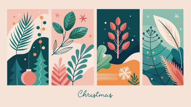 Merry Christmas Greeting Card Set with Holly Berries, Botanical Leaves, Xmas Minimal design of banner, poster, cover templates, Flat Vector Illustration
