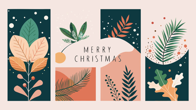 Merry Christmas Greeting Card Set with Holly Berries, Botanical Leaves, Xmas Minimal design of banner, poster, cover templates, Flat Vector Illustration