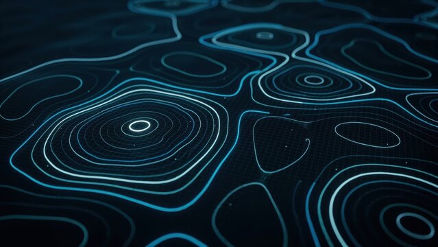 Abstract topographical contour map background of a digital terrain with blue lines.
