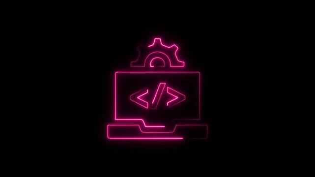 Neon laptop coding with gear symbol, software development and programming concept animation web development