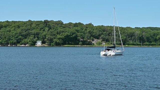 Mystic, Connecticut, USA &ndash; Anchored Sailboat On The Mystic River During Summer