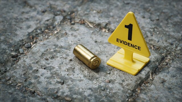 Shiny gold bullet casing lying on rough concrete ground next to bright yellow evidence marker labeled with number one at an active crime scene investigation