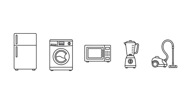 Line art icons of household appliances with displays vector outlines common home devices cleaning tools