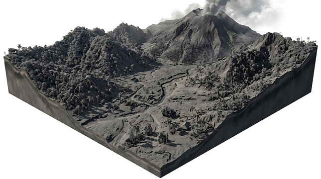 Detailed 3D geological cross section of an isolated volcanic landscape
