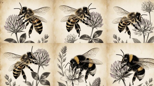 Set of vintage drawings features honey bees, bumblebees on clover flowers. Antique style ink sketches show detailed insects collecting nectar from blossoms. Naturalist art collection displays wings,