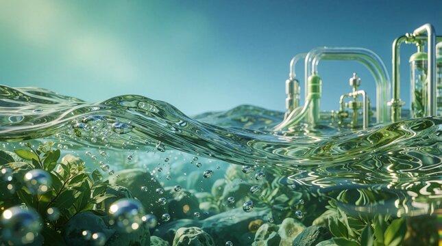 Green hydrogen infrastructure factory pipes sit above clear ocean water surface. Transparent liquid waves contain floating air bubbles, underwater plants. Modern industrial tech produces clean
