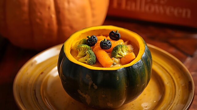 A delicious roasted acorn squash stuffed with colorful vegetables on a rustic wooden table