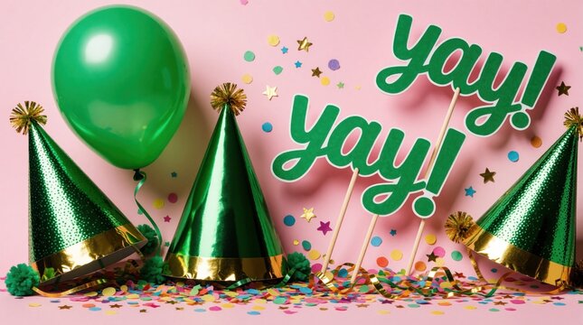 Green party hats, balloon, confetti, and yay signs arranged on a pink background. Festive scene for celebrations and eco-conscious events. Joyful party atmosphere.