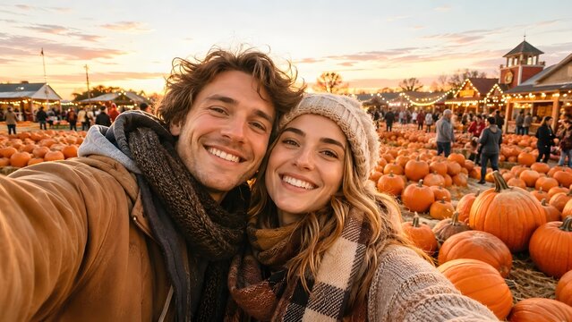 A happy young couple takes a selfie at a pumpkin patch during autumn, surrounded by a field of pumpkins and autumn decorations.