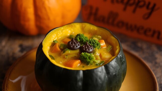 A delicious bowl of homemade vegetable soup served inside a freshly roasted hollowed pumpkin