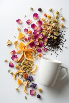 Loose herbal tea ingredients dried flowers orange slices and berries arranged next to white mug. Natural beverage preparation concept for healthy drink.