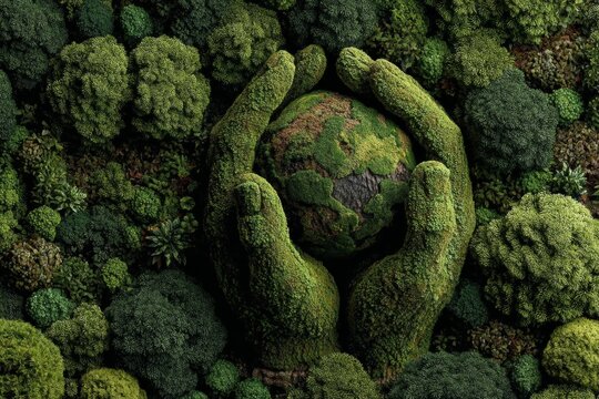 Harmony in nature: holding our world with tender care. Elegant presentation. The forest's embrace: hands supporting a globe in an eco-friendly context. Chic appearance. Extravagant style.