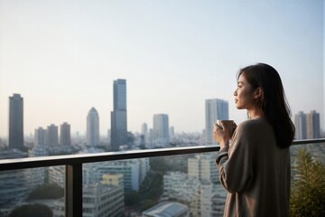 Fototapeta premium Woman holding mug on balcony overlooking city skyline