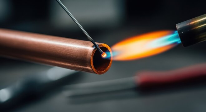 Side angle of a torch flame heating copper pipe around a microscopic hole with solder wire ready to seal the leak effectively.