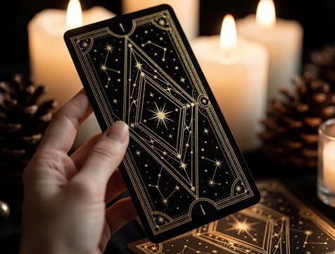 Hand holds black tarot card with gold celestial design near lit candles and pine cones. Fortune telling deck reveals mystical symbols and constellations for divination or magic practice.