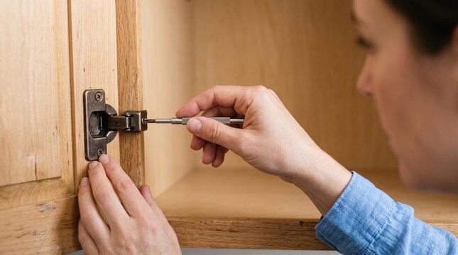 Close-up of a woman's hands using a screwdriver to tighten a cabinet hinge in a kitchen. Home repair and DIY furniture assembly photo for hardware brand and furniture marketing.