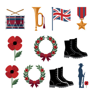 Remembrance Day Symbols Collection with Union Jack Flag and Poppies