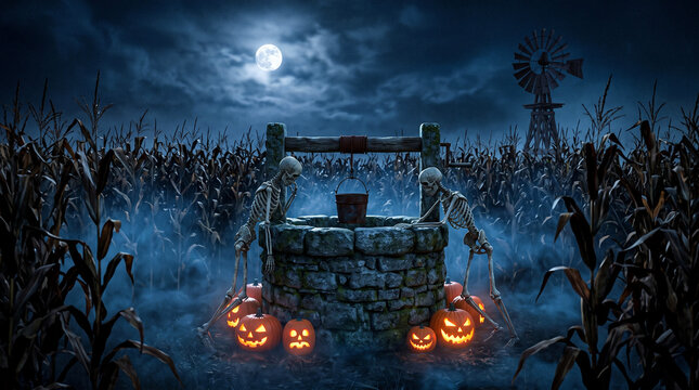 Two skeletons standing by a stone well in a cornfield at night with glowing pumpkins