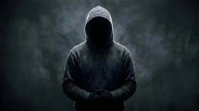 Hooded figure stands in darkness, with hands clasped and face obscured, creating a mysterious and anonymous silhouette.