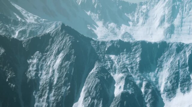 The view shows a mountain range covered in snow and ice. The scene captures the rugged structures of the mountains under bright daylight. The cold atmosphere is evident in the icy terrain.