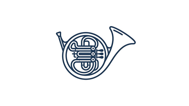 Minimalist french horn line art icon representing classical orchestral brass wind instrument musical symbol