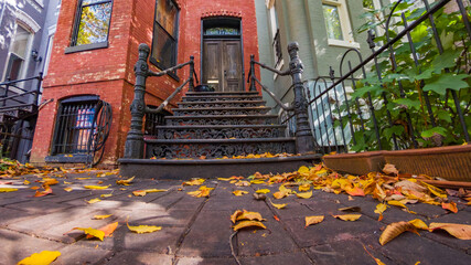 Naklejka na ściany i meble Ornate Victorian iron stoop leading to classic Capitol Hill townhouse in Washington DC neighborhood