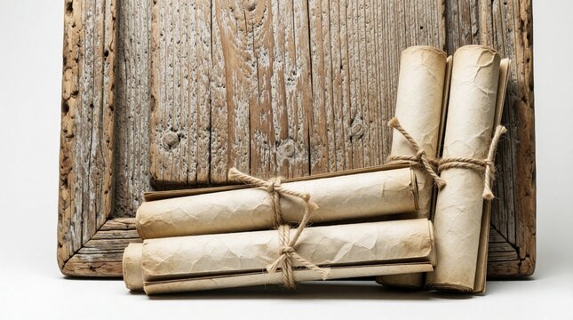 Aged scrolls tied with twine rest against rustic wooden planks. This still life composition evokes a sense of history and mystery, perfect for storytelling.