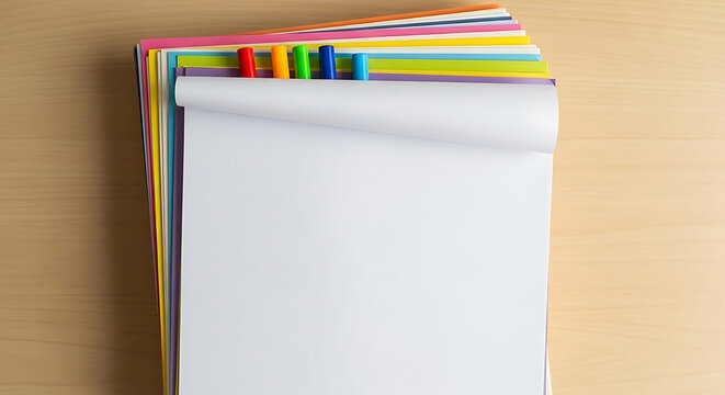 Stack of colorful blank paper sheets with markers arranged on light wooden desk surface top view with accompanied five markers light wood background