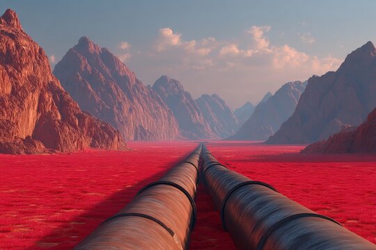 Pipeline networks: silent witnesses to the world's energy dilemma. High-class shoot. Intricate pipeline network with desert backdrop: enhanced energy visual. High-end fashion.