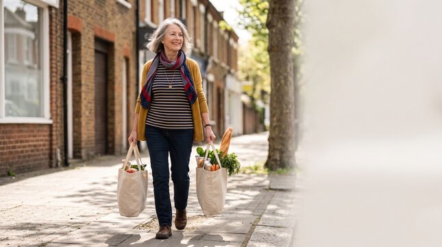 Older woman carries groceries home after a morning market visit