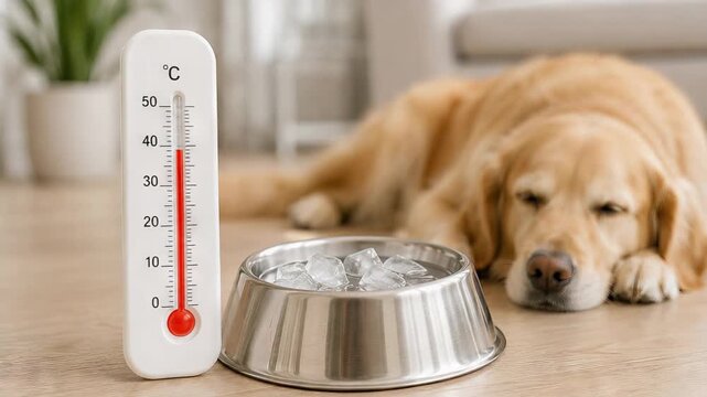 Dog resting by a bowl of ice with a high temperature thermometer. Golden retriever lying on floor to stay cool during extreme heat wave and heat stroke danger