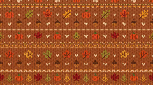 Seamless knitted pattern with pumpkins, autumn leaves, and acorns on a brown background