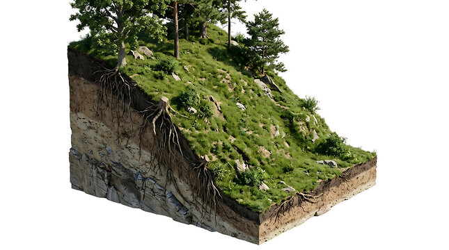 Isolated 3D geological cross section of hillside with soil layers and trees
