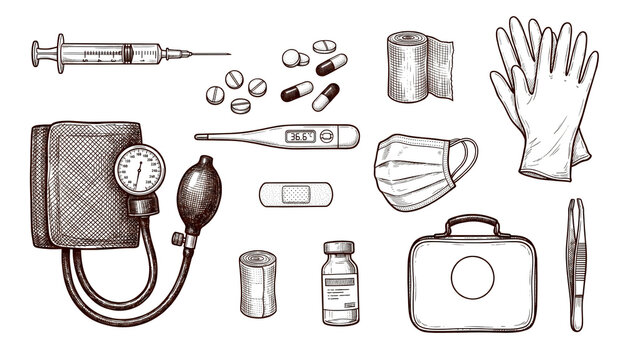 Medical equipment hand drawn vector set with first aid supplies and healthcare tools isolated on white