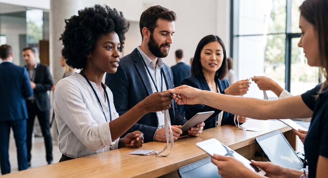 A team of staff members welcoming participants and handing out identification lanyard badges at a busy corporate conference registration desk