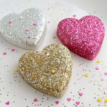 Three Glittery Heart Shapes with Confetti on White Background