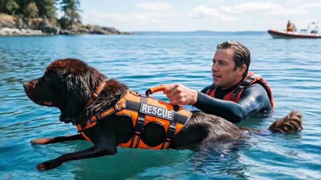 Man and rescue dog swimming in ocean. Lifeguard with canine partner performing water safety drill. Professional training for emergency service in tropical sea