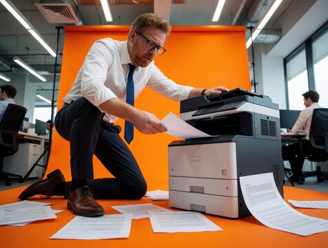 Frustrated office worker in white shirt, tie kneels by printer to fix paper jam. Stressed male employee struggles with document supply failure in busy workplace. Man deals with scattered sheets on