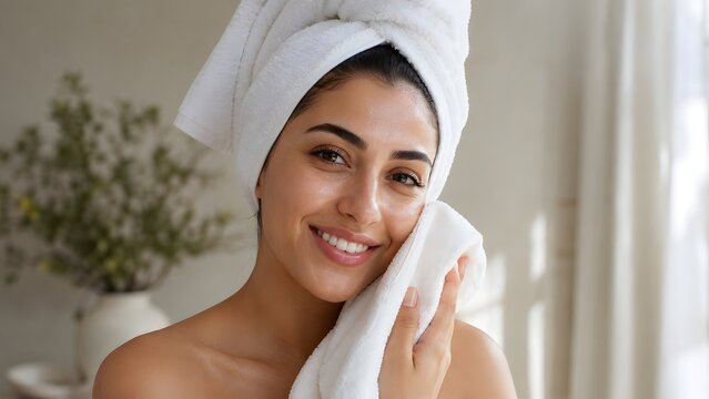 A radiant woman with a towel wrapped around her hair gently wipes her face with a soft towel, her smile conveying a sense of fresh well-being and self-care.