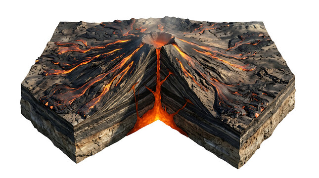 Cross-section of a volcano with flowing lava isolated on white