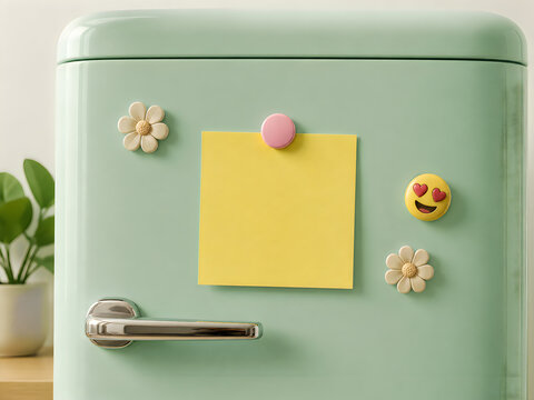 Retro mint green refrigerator with blank yellow sticky note, vintage fridge door with flower magnets and emoji, kitchen reminder concept isolated on White Background ai
