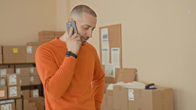Man holds smartphone to ear in parcel building amid stacked cardboard boxes, bulletin board and plant; focused entrepreneurship.
