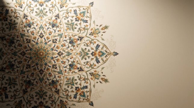 Intricate floral mandala pattern ornament decorates soft beige wall space. Detailed arabesque design features blue green orange flowers leaves. Copy space available.