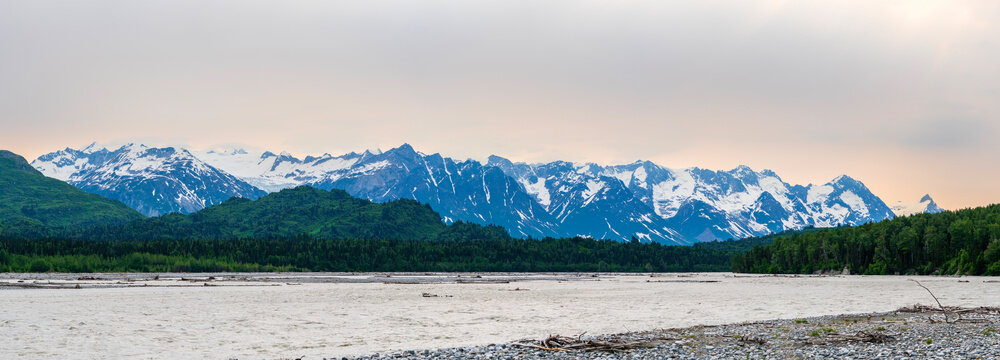 Early morning Panoramic view of mountains along Alsek river