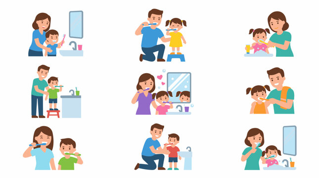Parents teaching children good dental hygiene brushing teeth together in bathroom scenes promoting family care and health