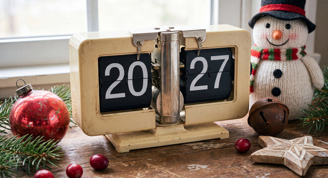 Charming wooden vintage flip calendar set to 2027 decorated with red baubles fir twigs and a cute snowman figure on a cozy windowsill arrangement