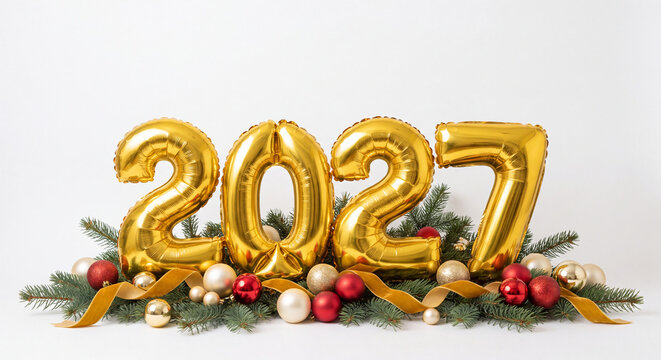 Bright golden foil inflatable balloons spelling 2027 arranged with festive evergreen fir branches and red ornaments on a clean white backdrop