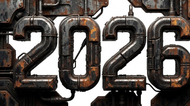 Futuristic industrial 2026 numbers made of rusty metal. Heavy steel digits feature grunge texture with mechanical pipes, rivets. Bold apocalyptic typography stands out against white background for