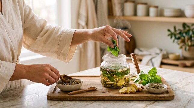 Hands preparing an herbal evening tea ritual at home